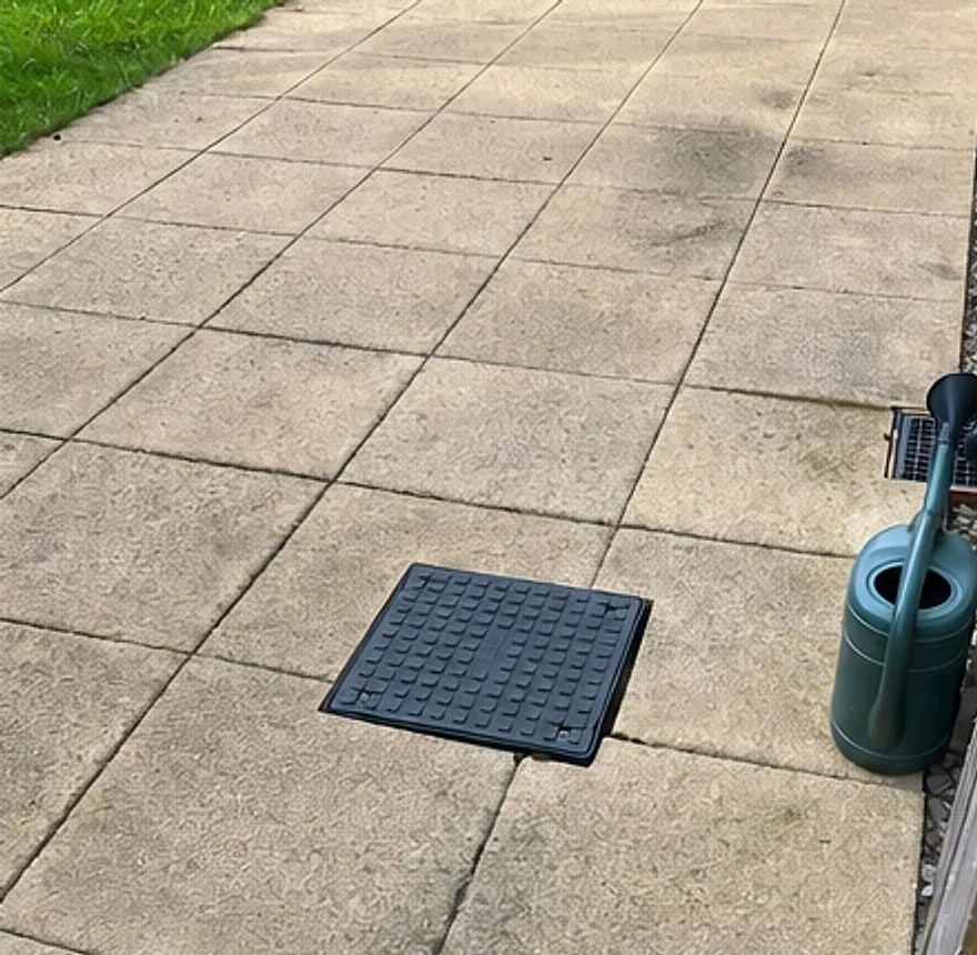 Before: the same patio, grey and stained with moss and dirt